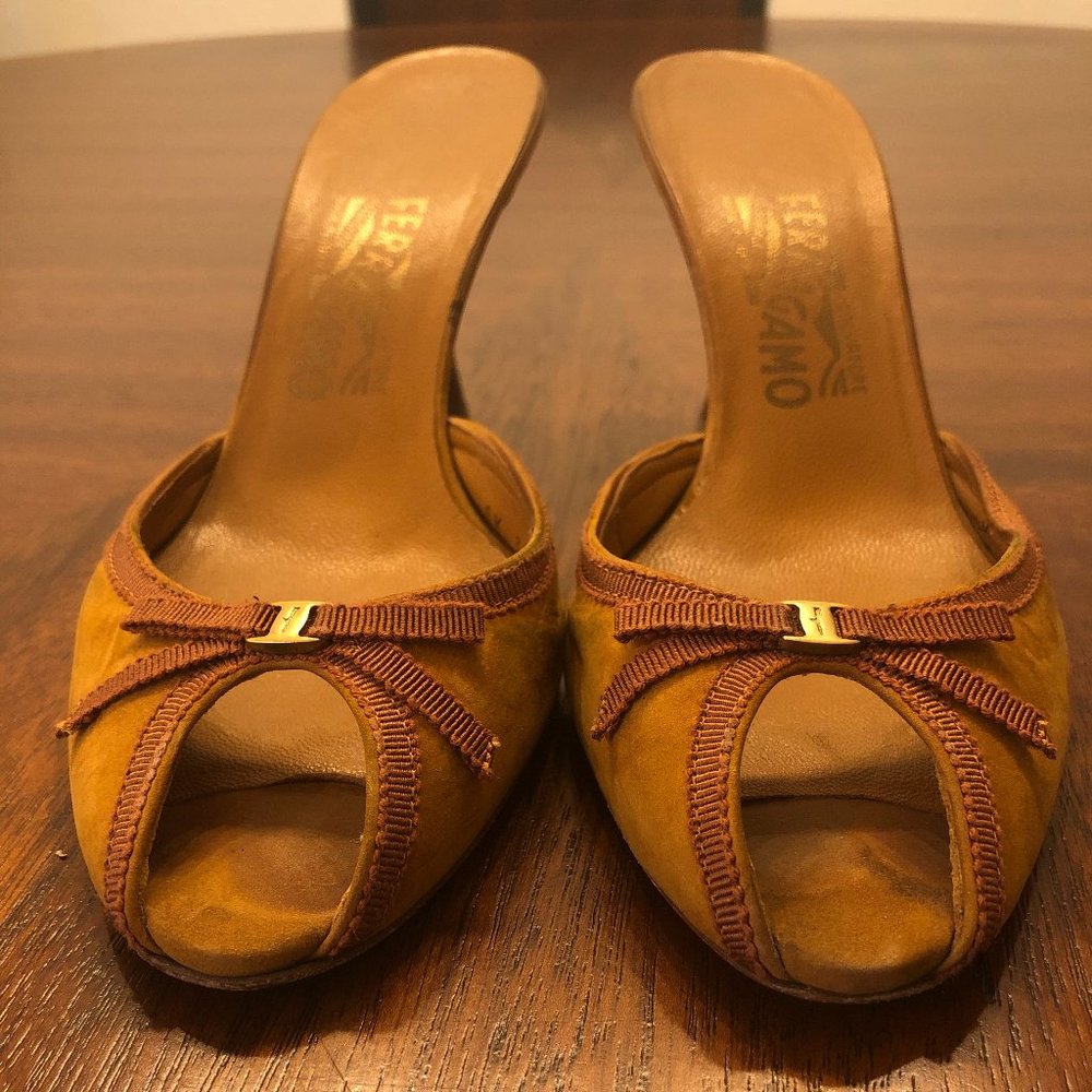 Salvatore Ferragamo Mustard Yellow Suede Peep-Toe Mules